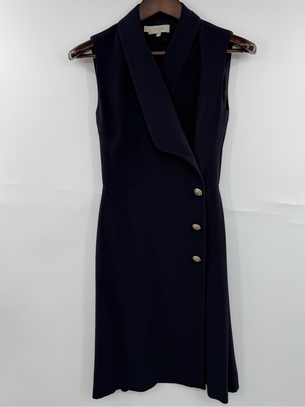 Hobbs Navy Sleeveless Midi Dress with Gold Buttons